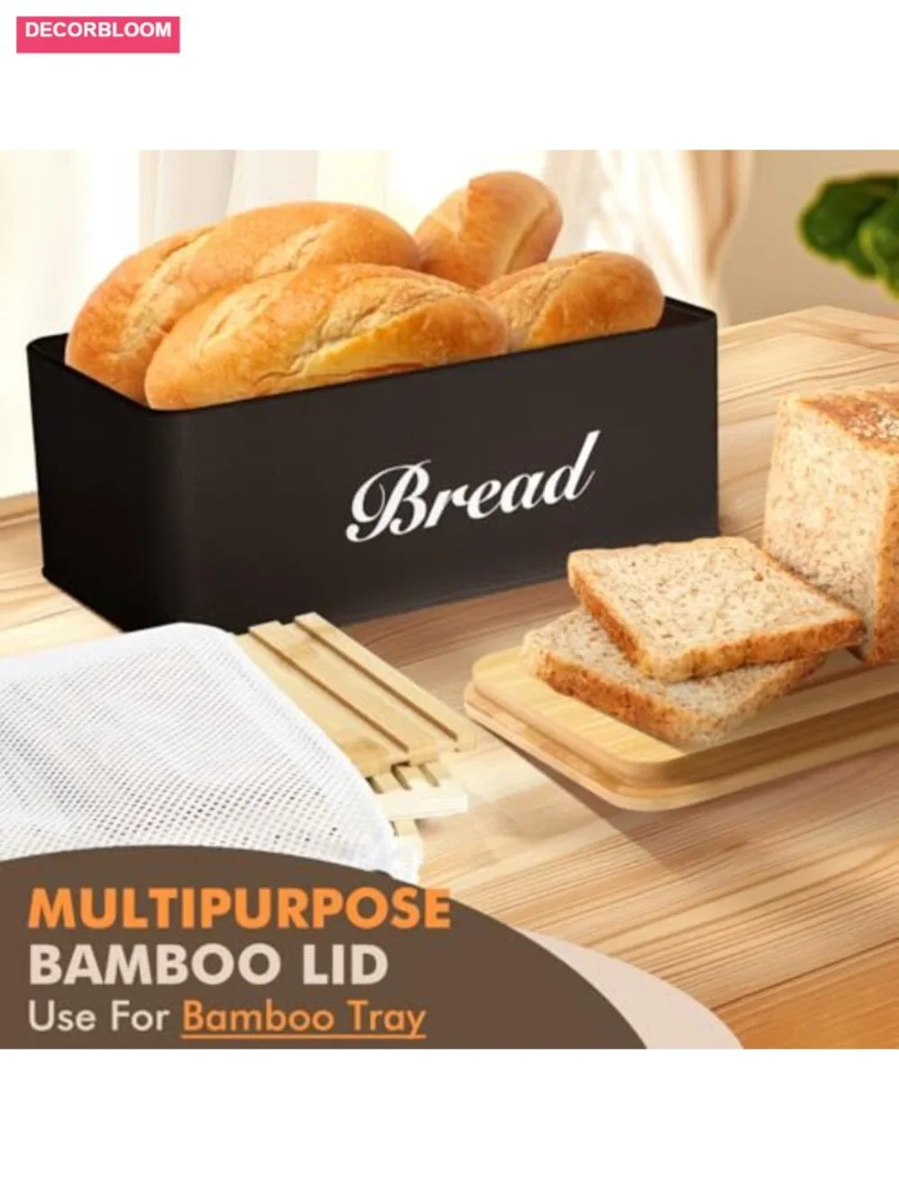 3-in-1 Bread Slicer with Bamboo Lid, Metal Bread Box Storage, Adjustable Loaf
